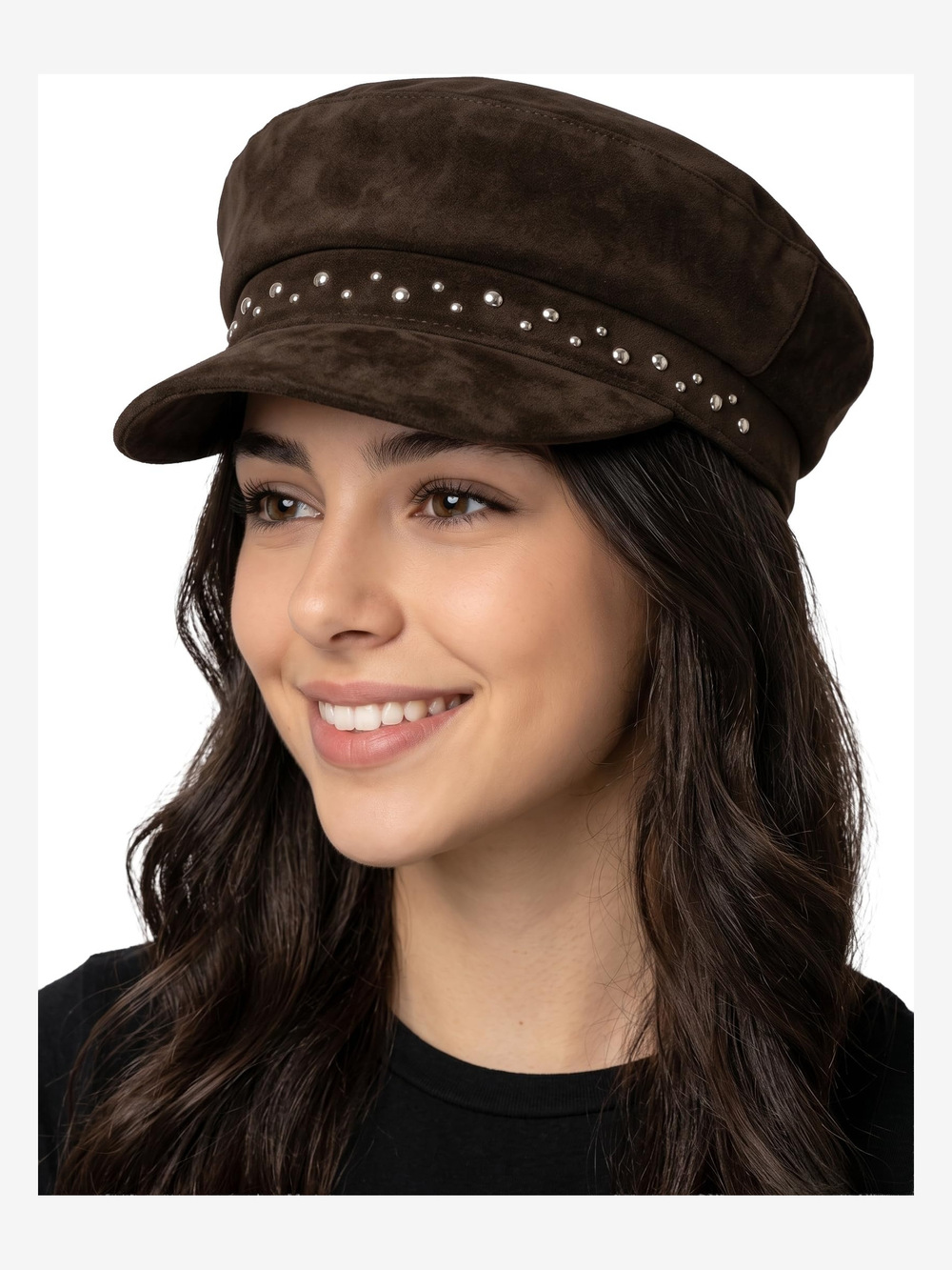 Greek Fisherman Newsboy Cap, Cotton Captains | Studded Suede, Brown | Size OS